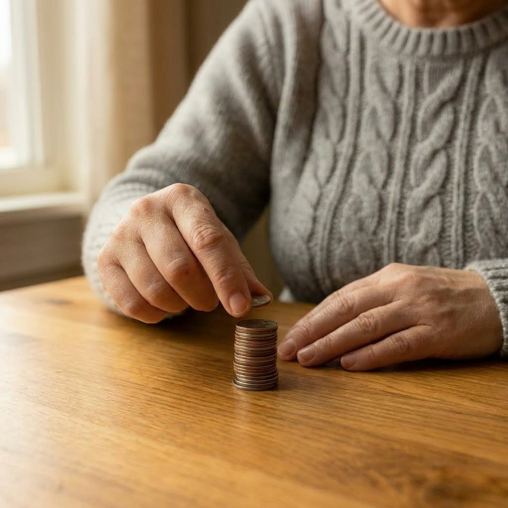 Person stacking coins as a fine motor recovery exercise